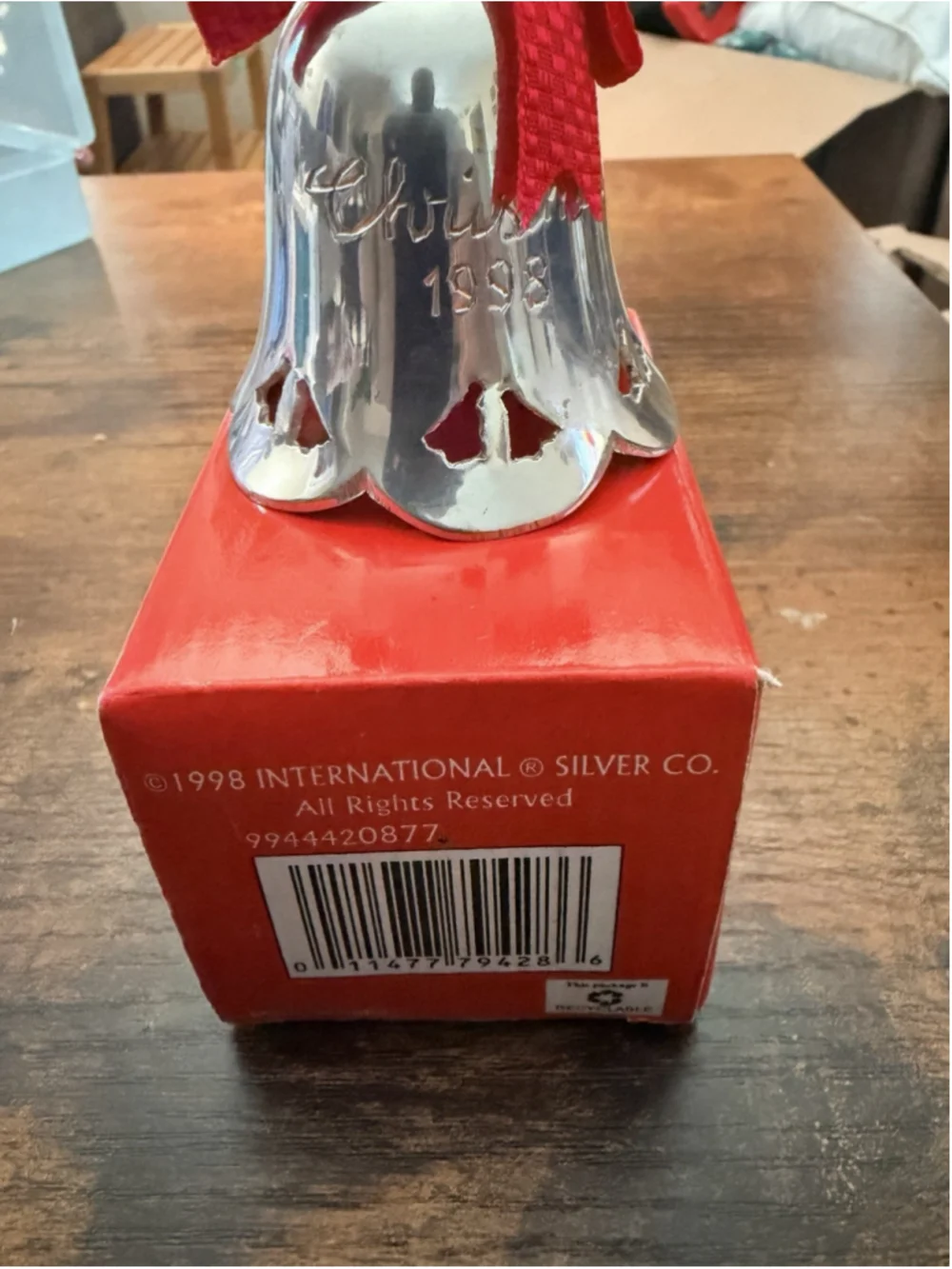 1998 International Silver Co Silverplated Christmas Bell Engraved Ornament Box